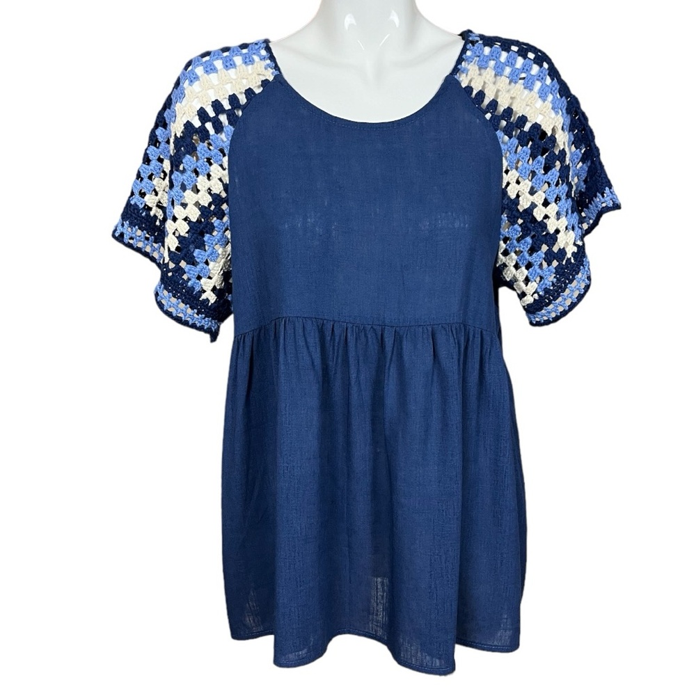 Umgee Blue Crochet Sleeve Linen Blend Babydoll Top Size XL NWT